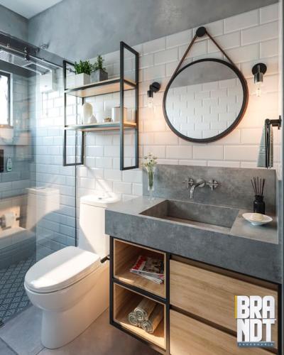 banheiro com espelho redondo Decoração no Estilo Industrial